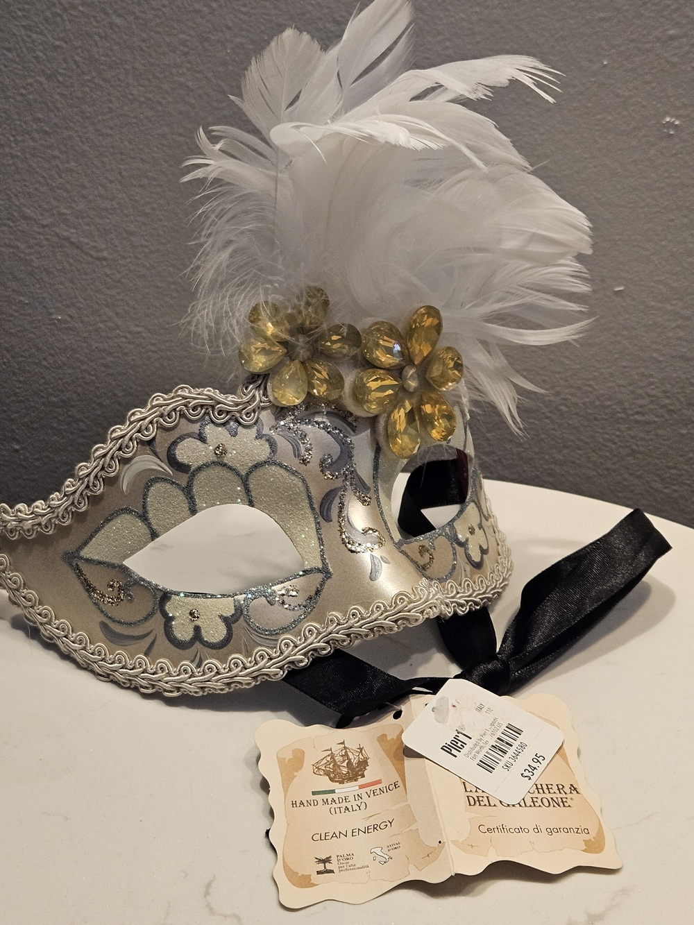 Pier 1 Silver and White Feathered Venetian Mask with Gold Flower Accents